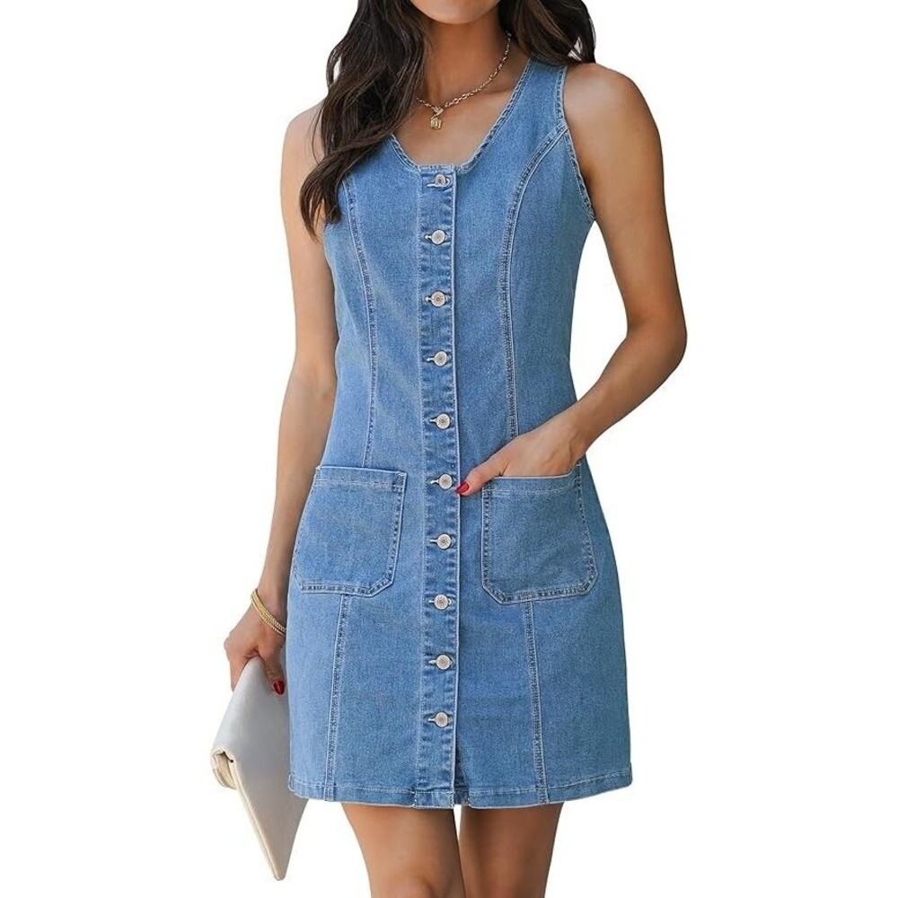Denim Shirt Dress Sleeveless Blue Woman's Size Medium Button Front Excellent